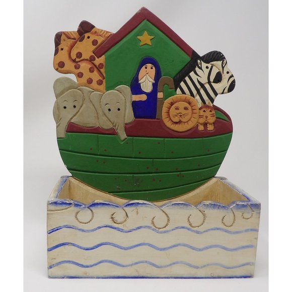 Vintage 1996 Figi Graphics Noah's Ark Wooden Folk Art Painted Standing Storage B - Picture 4 of 10